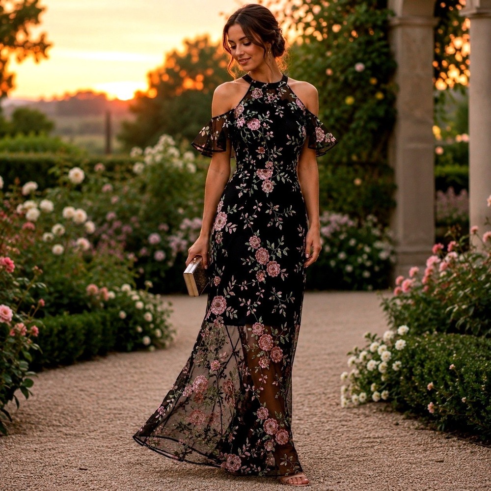 Lipsy Black & Pink Floral Cold-Shoulder Maxi Dress
